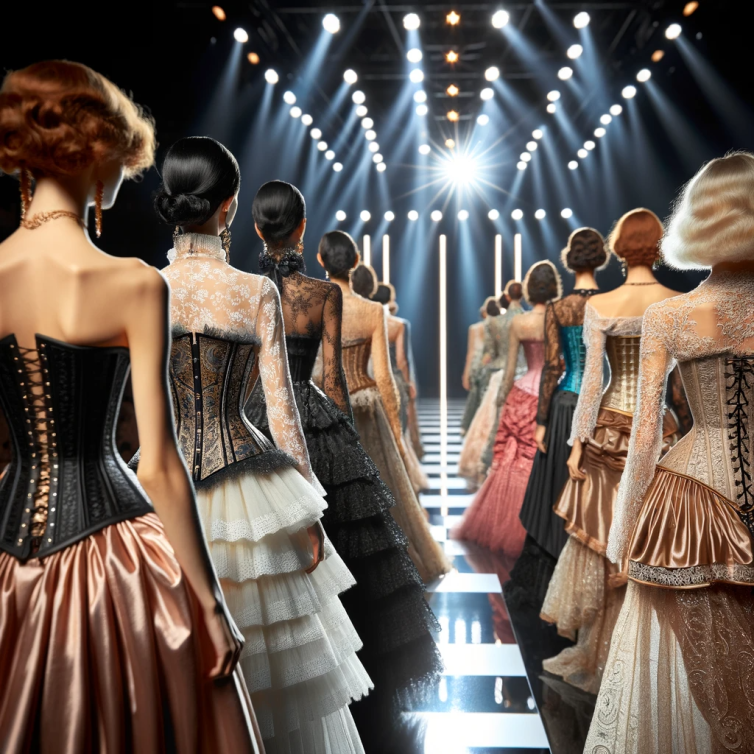 DALL·E 2023-11-15 13.18.05 - A modern haute couture fashion runway with models wearing various styles of corsets, blending traditional elegance with contemporary fashion trends, u